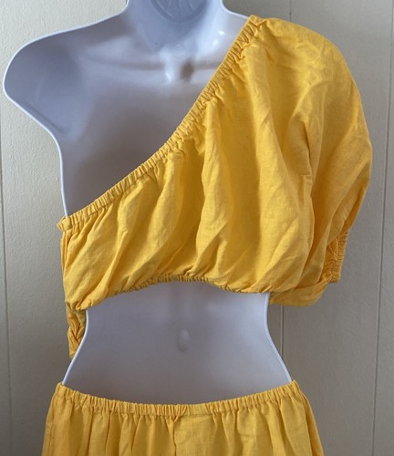 NWT Farm Rio One Shoulder Open Waist Midi Dress Yellow Sz Small Linen Blend - Picture 6 of 11