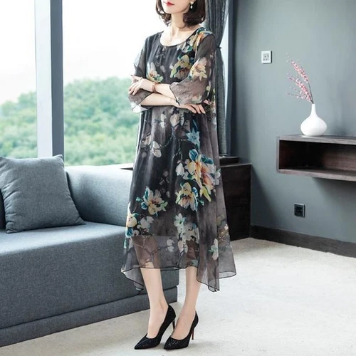 Women Chiffon Print Midi Dress Half Sleeves Casual Loose A-line Retro Ethnic - Picture 13 of 22