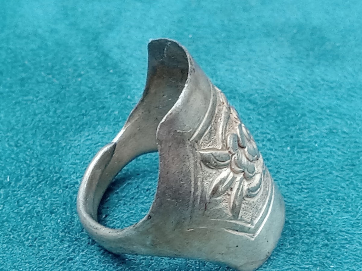 old Chinese Sterling Silver Flower Themed Ring, Adjustable Shank Style Size 6.25 View 4