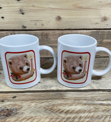 Set of 2 Christmas Bear Mug 4” Houston Harvest White 2003 Cub Candle Holiday Cup - Picture 1 of 13