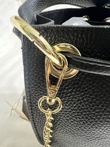 Anna Paola Italian Pebble Genuine Leather Black Bucket Bag With Gold Chain Strap - Picture 4 of 15