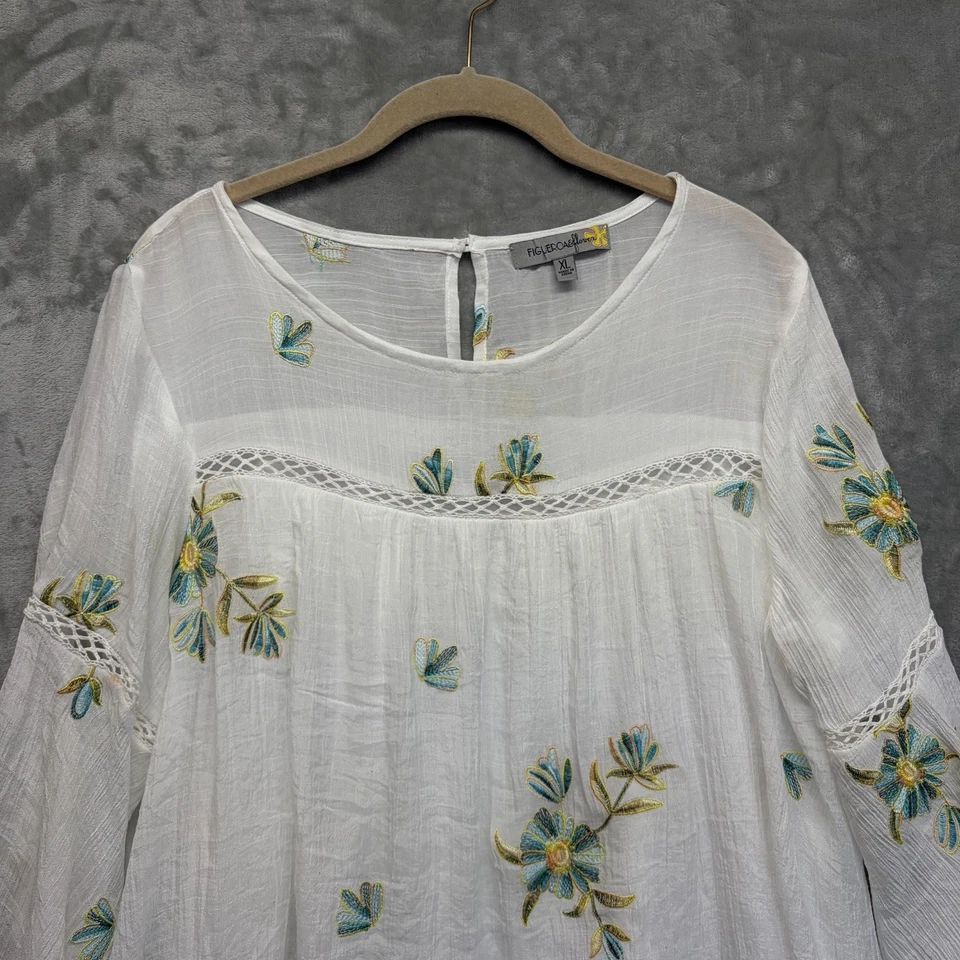 Figueroa & Flower Womens White Floral Embroidered Blouse Size XL Boho Cottage - Image 2 of 4