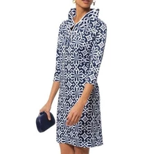 Gretchen Scott Ruffle Neck Jersey Dress Sz Large Navy Piazza Print Preppy Resort
