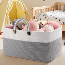 Large Blanket Basket, 22  x17  x12  Rectangle Woven Baskets 75L Grey With White
