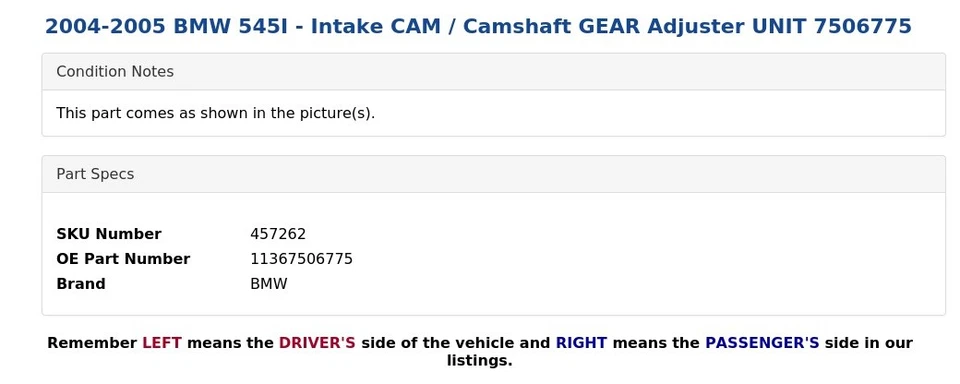 BMW 545I 2004-2005 - Cámara de admisión / árbol de levas ajuste de engranajes unidad 7506775 Foto 3 de 4