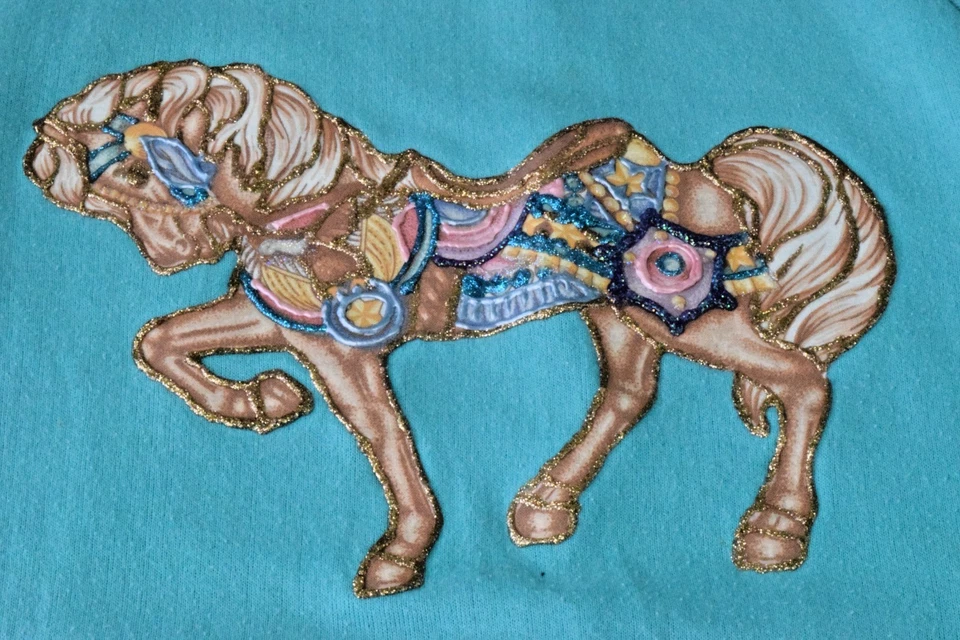 Sudadera Raglán Vintage Jerzees Talla S Años 80 Azul Turquesa Pintado Carrusel Caballo Foto 3 de 4