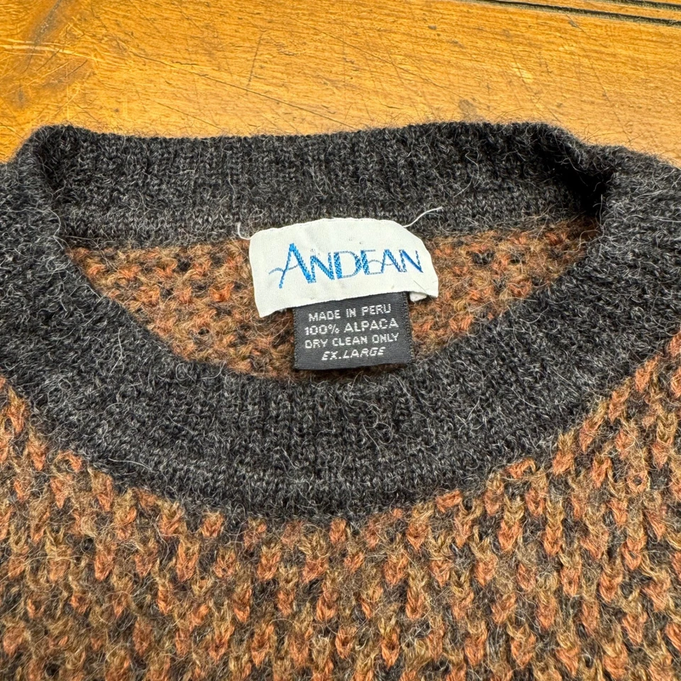 ANDEAN 100% Alpaca Knit Sweater Brown Charcoal Gray Textured Oversized Ex Large - Image 4 of 4