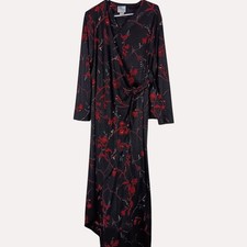 Vintage Floral Faux Wrap Maxi Dress Womens XS Black Red Whimsygoth Shimmer USA