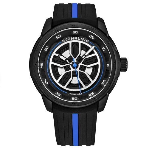 Stuhrling Original 984 03 Aviateur Quartz Noir Bleu Silicone Sangle Homme Montre - Photo 1 sur 4