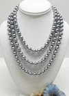 Hand Knotted 10mm Silvery Blue Glass Pearl Bead Necklace, Extra Long 58"