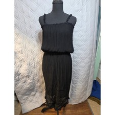 Black Crinkled Rayon Lace Trim Blouson Midi Dress Sleeveless Square Neck Vintage