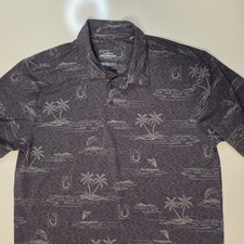Quicksilver Waterman Collection Hawaiian Palm Tree Graphic Polo Shirt Gray M
