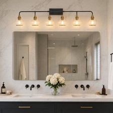 48 in Black Gold Glass Shade Vanity 6 Light Bathroom Mirror Wall Sconce Fixture