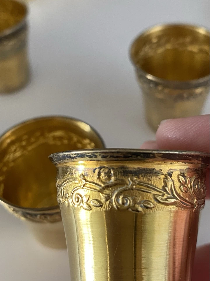 JOLI ECLECTIQUE SERVICE A LIQUEUR 12 GOBELETS - ARGENT MASSIF MINERVE VERMEIL - Photo 3/4