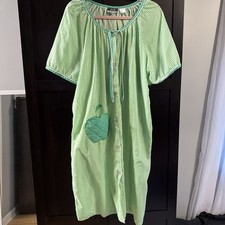 Vintage J.I.T. Sleepwear Green Striped Mumu Button Up with Quilted Apple Pocket
