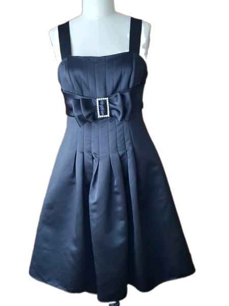 MR K Black Satin Fit & Flare Dress Knee Length Sz 12 Bow Rhinestone Pleated. 