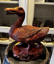 Vintage/Antique Chinese Hand Carved Wooden Duck Sculpture with Glass Eyes