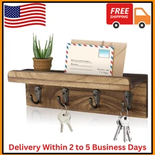 Rustic Key Holder for Wall, Farmhouse Wall Shelf with 4 Hooks, Brown