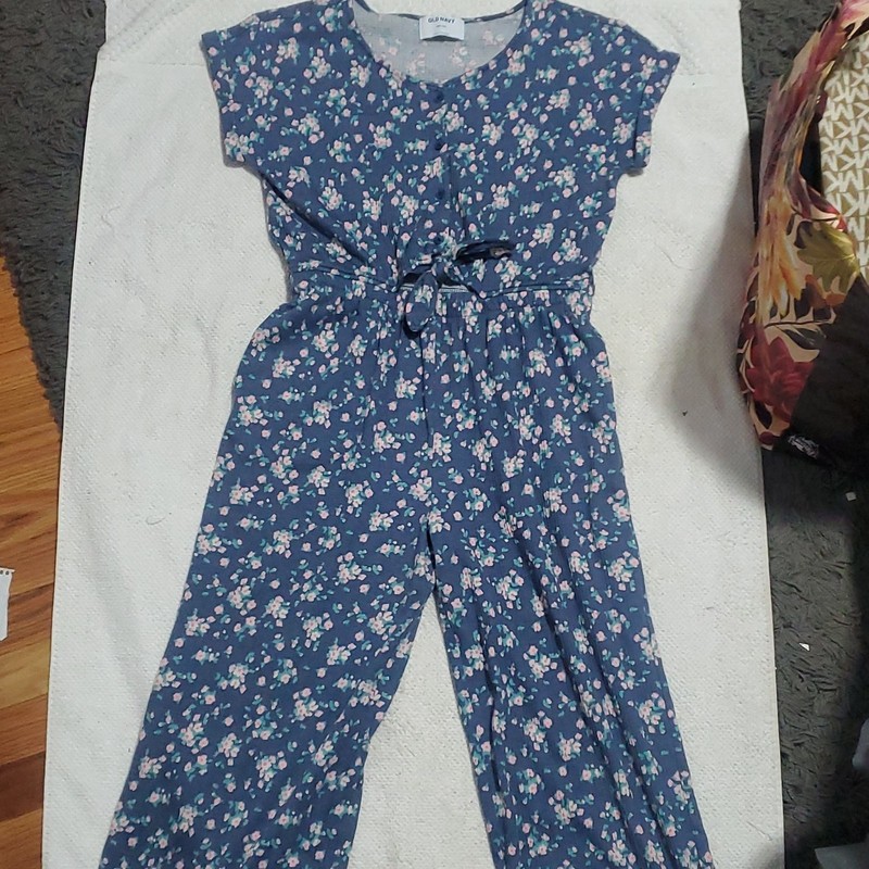 Old Navy Girls Blue Floral Knit Jumpsuit XXL (18) V-Neck Button Front Tie Waist