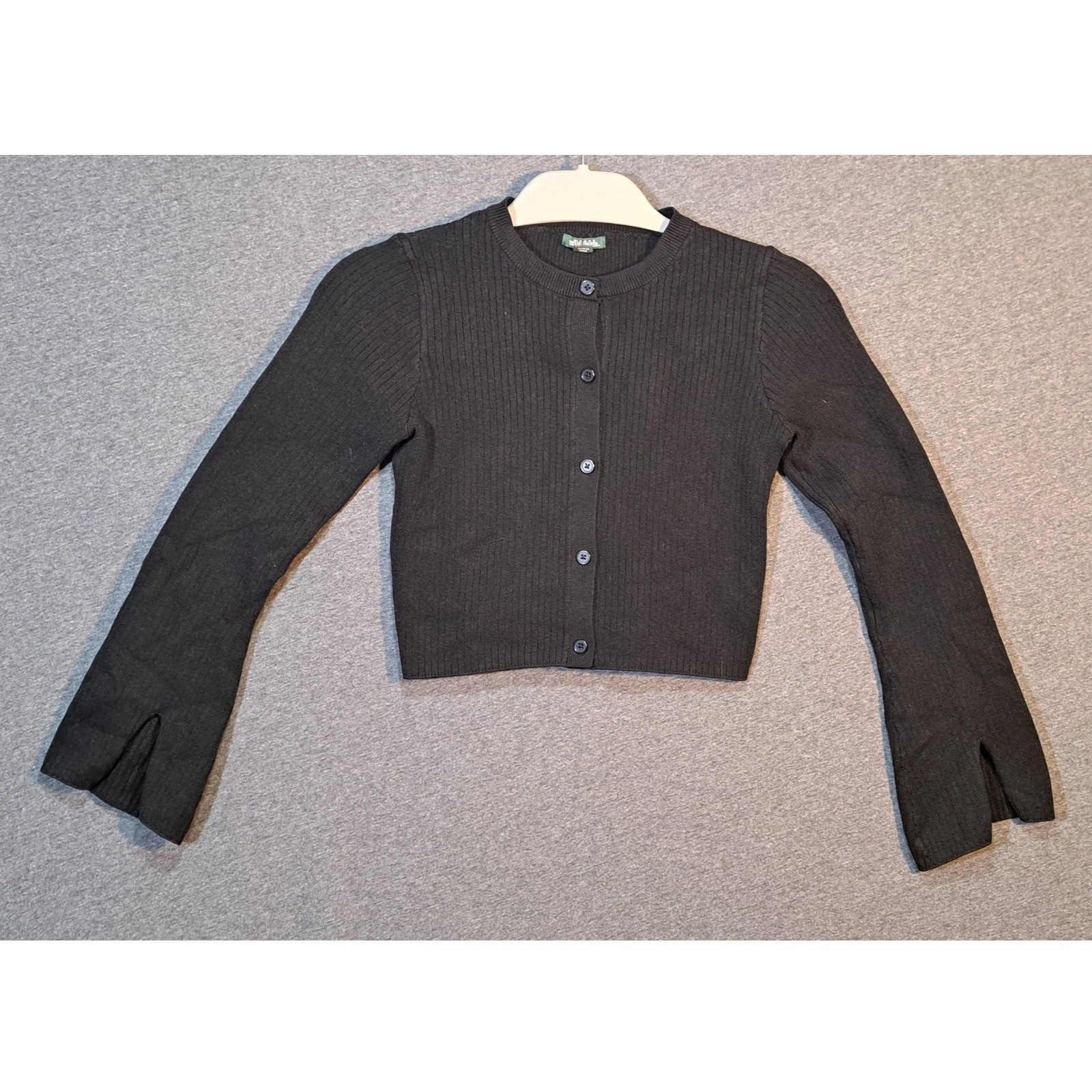Wild Fable Black Ribbed Button Front Cropped Cardigan Bell Sleeve XS