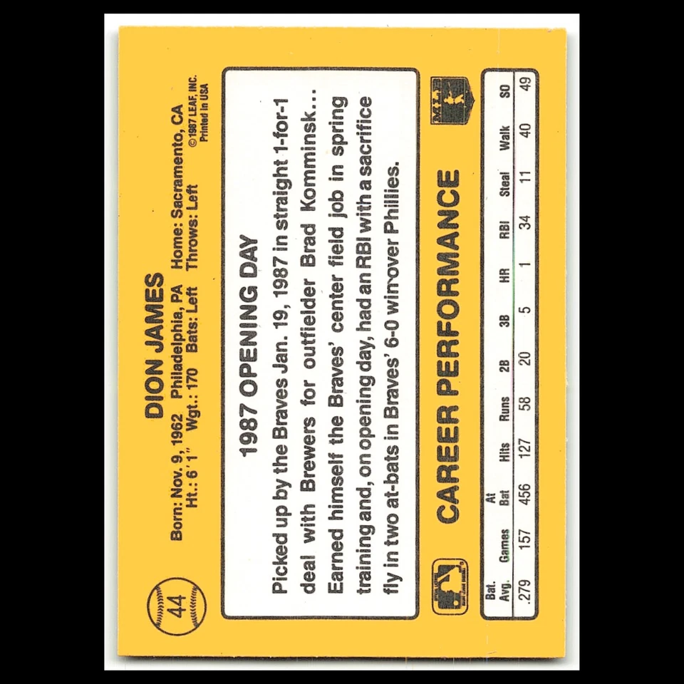 Dion James #44 1987 Donruss Opening Day Atlanta Braves Baseball Card MLB NM - Image 2 of 3