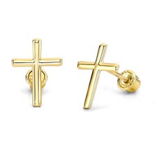 14k REAL Yellow Gold Cross Stud Earrings with Screw Back