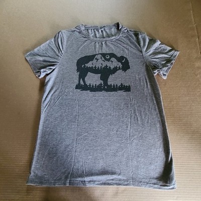 Gray Super Soft Stretchy Material Bison Teton Mountians T Shirt Size XL