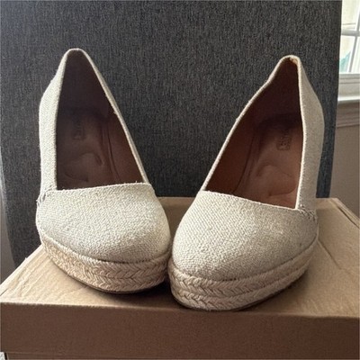 Lucky Brand Beige Canvas Espadrille Wedge Heels Round Toe Slip-On US 7 M