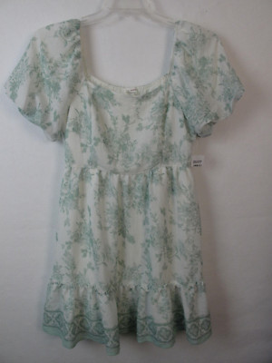 Blu Pepper NWT Floral Puff sleeve Ruffle babydoll DRESS sz L White Green
