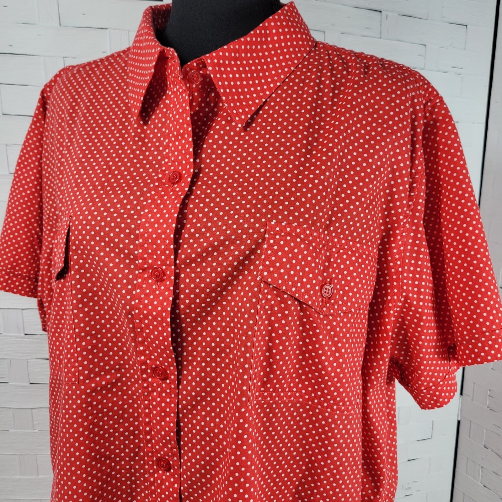 Only Necessities Womens Red Polka Dot Short Sleeve Button Down Shirt 1X