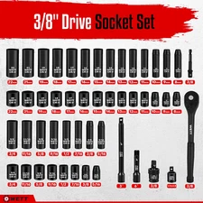 3/8" Drive Impact Socket Set 50Pcs Sae/Metric, Deep/Shallow Sockets, with Adjust