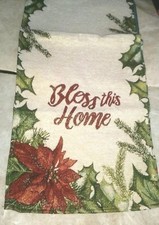 NIP CHRISTMAS RUNNER POINSETTIAS HOLLY BLESS THIS HOME GOLD METALLIC THREAD 68"