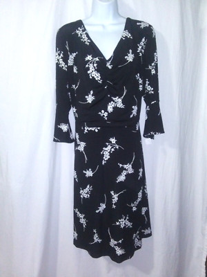 NorthStyle 24W Black White Floral Jersey Knit Ruched v-Neck 3/4 Slv Dress~NEW~#