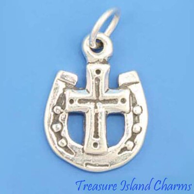 Lucky Horseshoe with Cross 925 Solid Sterling Silver Charm Pendant MADE IN USA