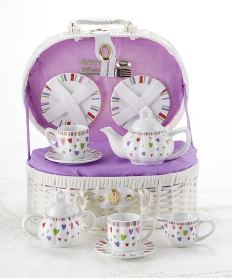 Delton Children's Porcelain Tea Set for 2 in Wicker Basket