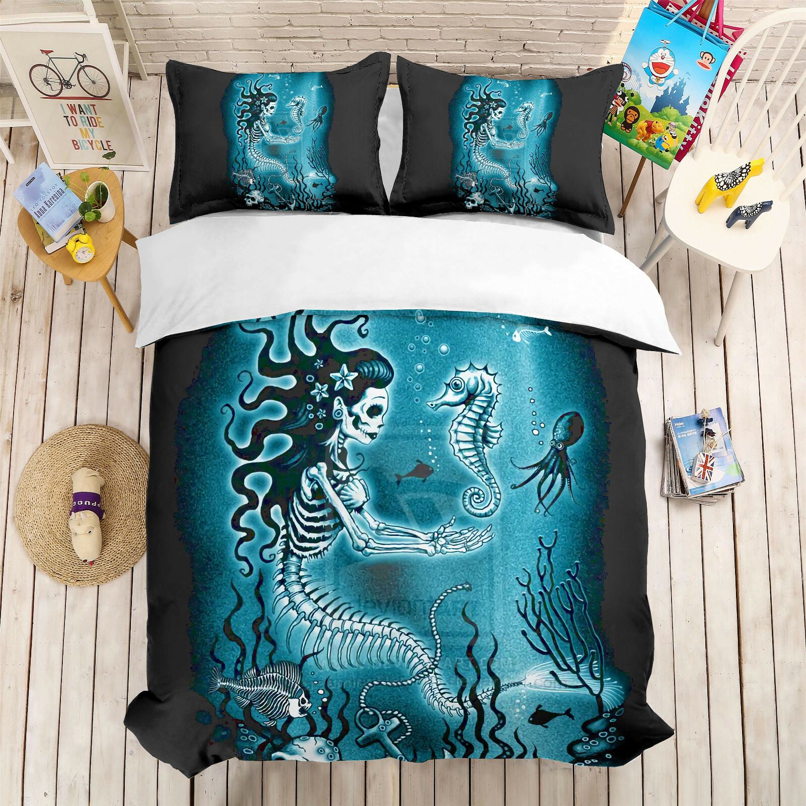 Skull Mermaid & Hippocampus Bedding Set Duvet Cover Comforter Cover Pillow Case
