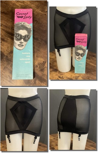 Stunning Vtg Black OB Double Satin Panel Girdle w Original Box Secret Lady NOS S