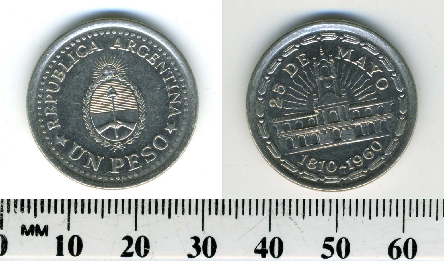 Argentina 1960 1 Peso Nickel Clad Steel Coin Removal of Spanish