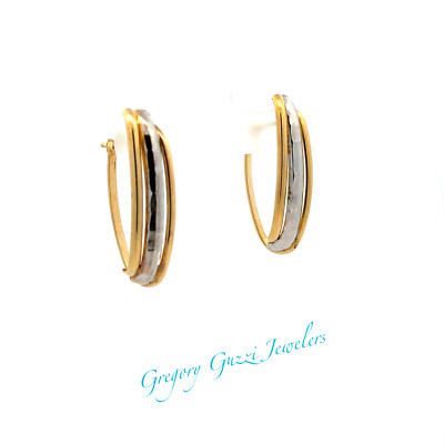 14KT. Yellow And White Gold Oval Hoop Earrings (8.5 x 31 mm)