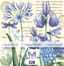  328 TWO Paper LUNCHEON Decoupage Art Craft Napkins FLOWERS DRAGONFLIES SCRIPT
