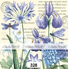 (328) TWO Paper LUNCHEON Decoupage Art Craft Napkins FLOWERS DRAGONFLIES SCRIPT