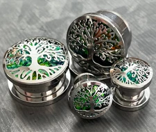 PAIR Green Opal Glitter Tree of Life Screw Fit Tunnels Ear Plugs Earlet Gauges