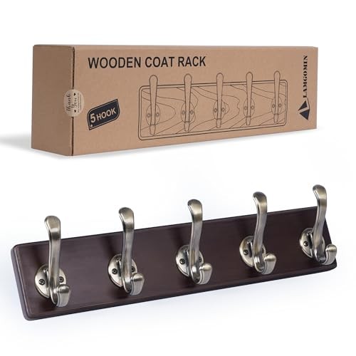 Rustic Wooden Coat Rack Wall Mount, Coat 5 Hooks Brown Plate & Bronze ...