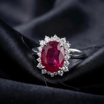 5.20Ct Oval Cut Natural Red Ruby & Diamond 18K Solid White Gold Proposal Ring