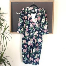 Navy Rayon Dress Floral Midi Pockets Pleated Waist Size 6 Vintage R.J. Stevens