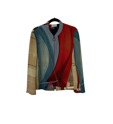 Akris Punto Multi Color Zip Front Jacket Sz 8 Blues Golds Reds  Abstract Sails