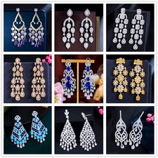 Silver Plated Long Drop Dangle Chandelier Earrings Cubic Zirconia Bridal Jewelry