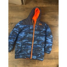 Under Armour Boys ColdGear Blue Camo Puffer Jacket Orange Zip Hooded Coat YXL