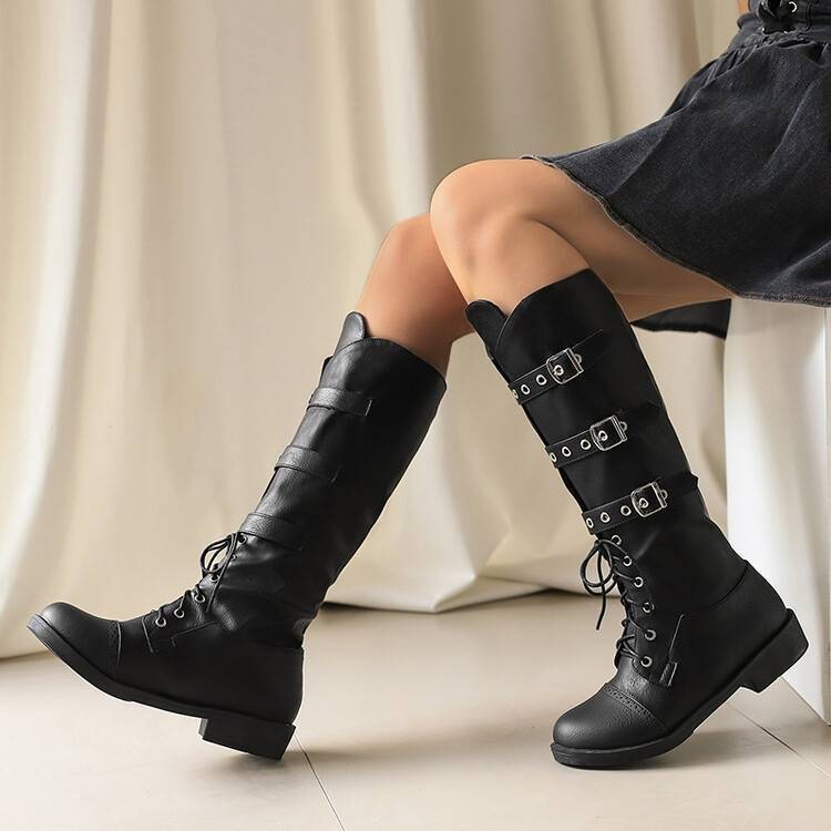 Punk Buckle Riding Boots Women's Flat Lace Up Knee High Boots Outdoor Biker Shoe