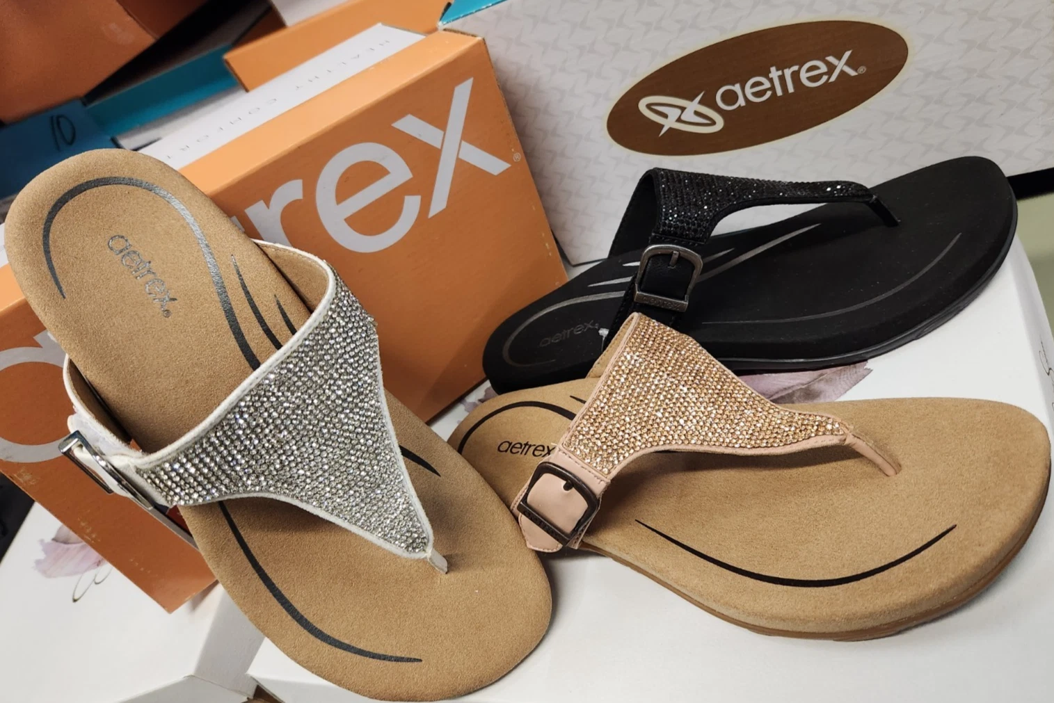 Aetrex Womens Rae Sparkle Rhinestone Flip Flop Sandal Orthotic Comfort New inBox